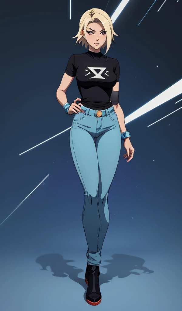 a cartoon girl in a black shirt and blue pants, glamorous angewoman digimon, anya from spy x family, humanoid form, sil from species, female full body, anime vtuber full body model, hybrid human/tank, this character has cryokinesis, as an anime character, ...