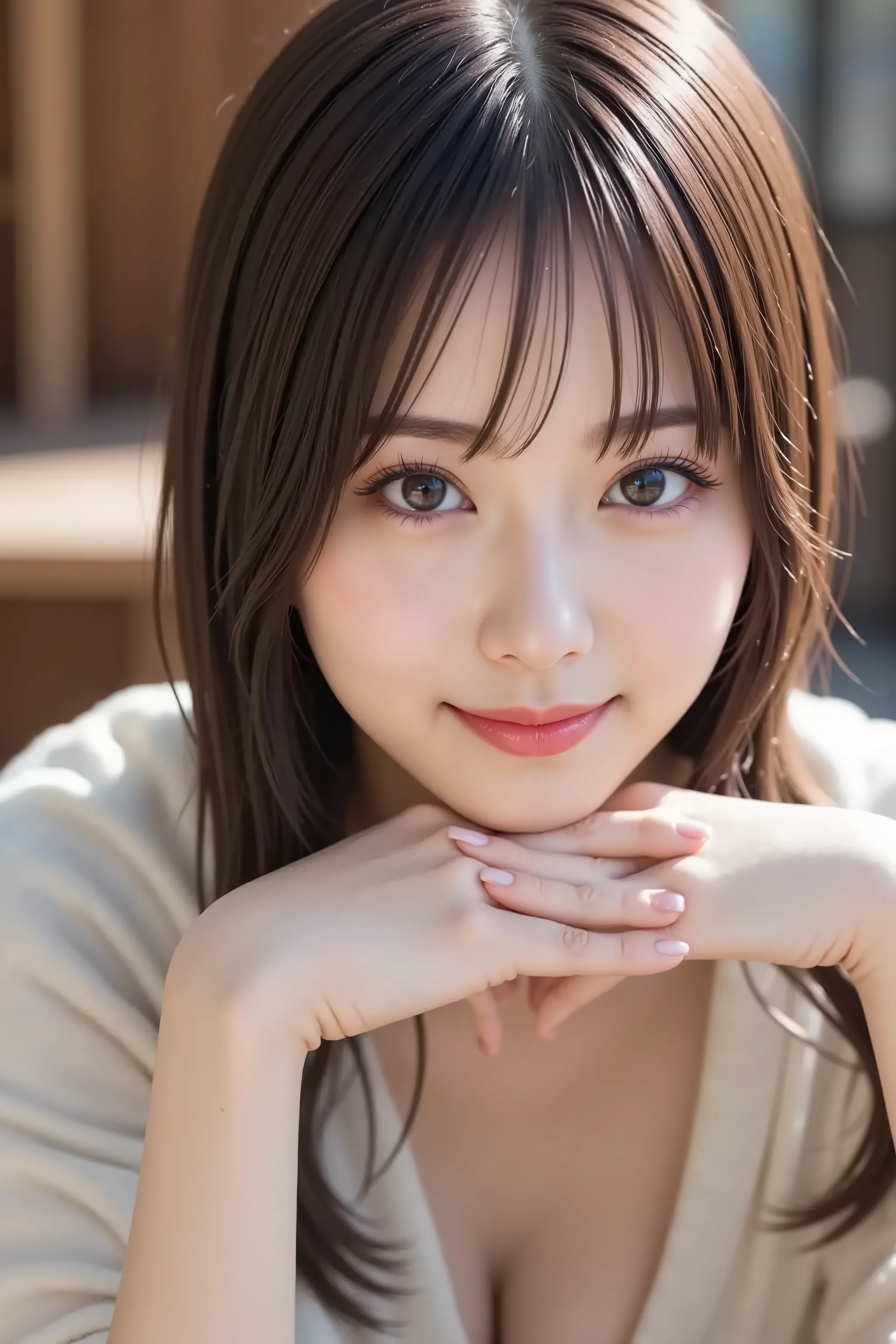 The face is positioned exactly in the center of the image, Cute pose、resting chin in hands , 's entire head is fully reflected , Face clearly visible,  black hair、bungs, smile, Young and cute Japanese faces , Hi-Res CG Unity 8K Wallpaper, very detailed, fi...