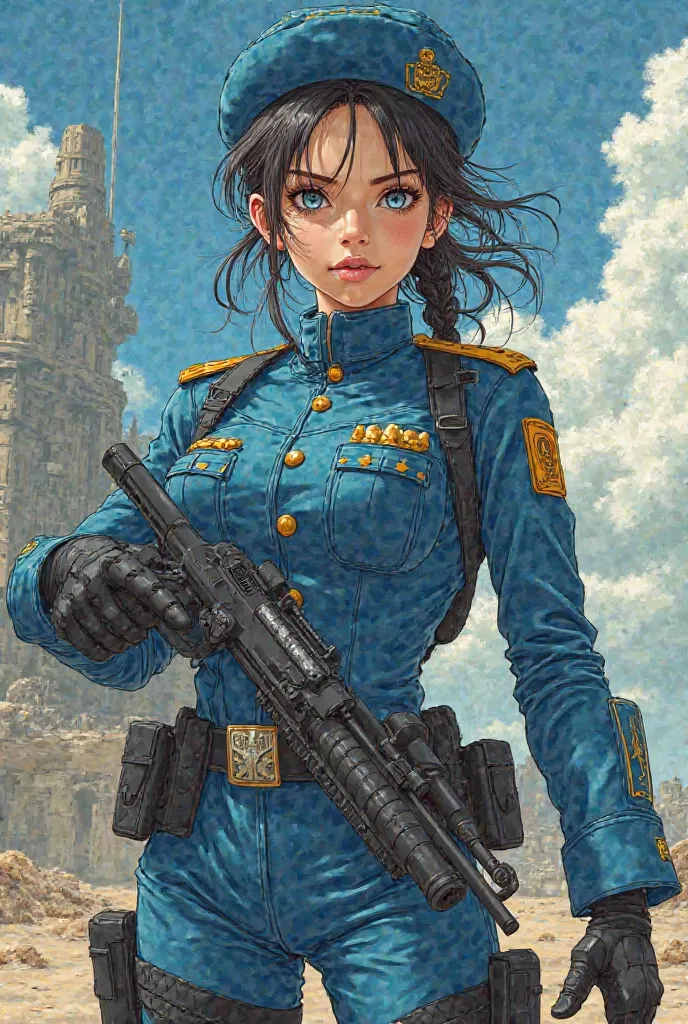 A GOC Soldier Anime Girl Armed  [From the SCP Wiki] with blue uniform (Anime Style old Anime drawn style)