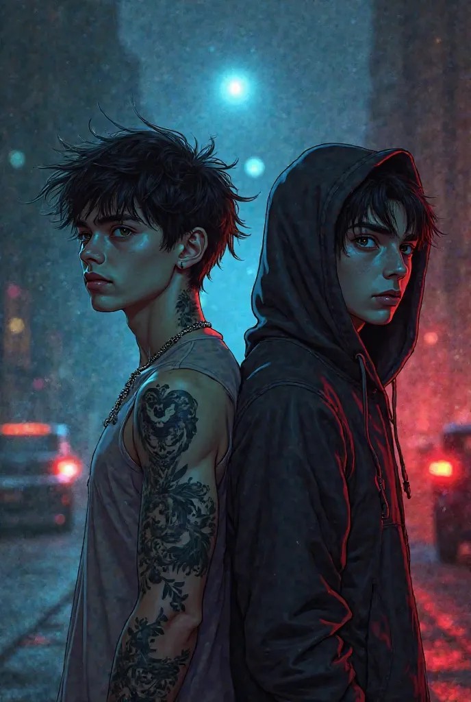 I want a cover for a trap/emotional that reflects themes of broken love, pain, loneliness and a dark touch. The image should capture the feeling of being lost, trapped in an emotional abyss. The scene must show two boys, one named Carboney and the other Do...