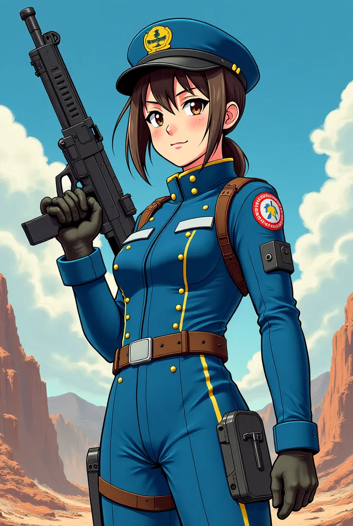 A GOC Soldier Anime Girl Armed  [From the SCP Wiki] with blue uniform (Anime Style old Anime drawn style)