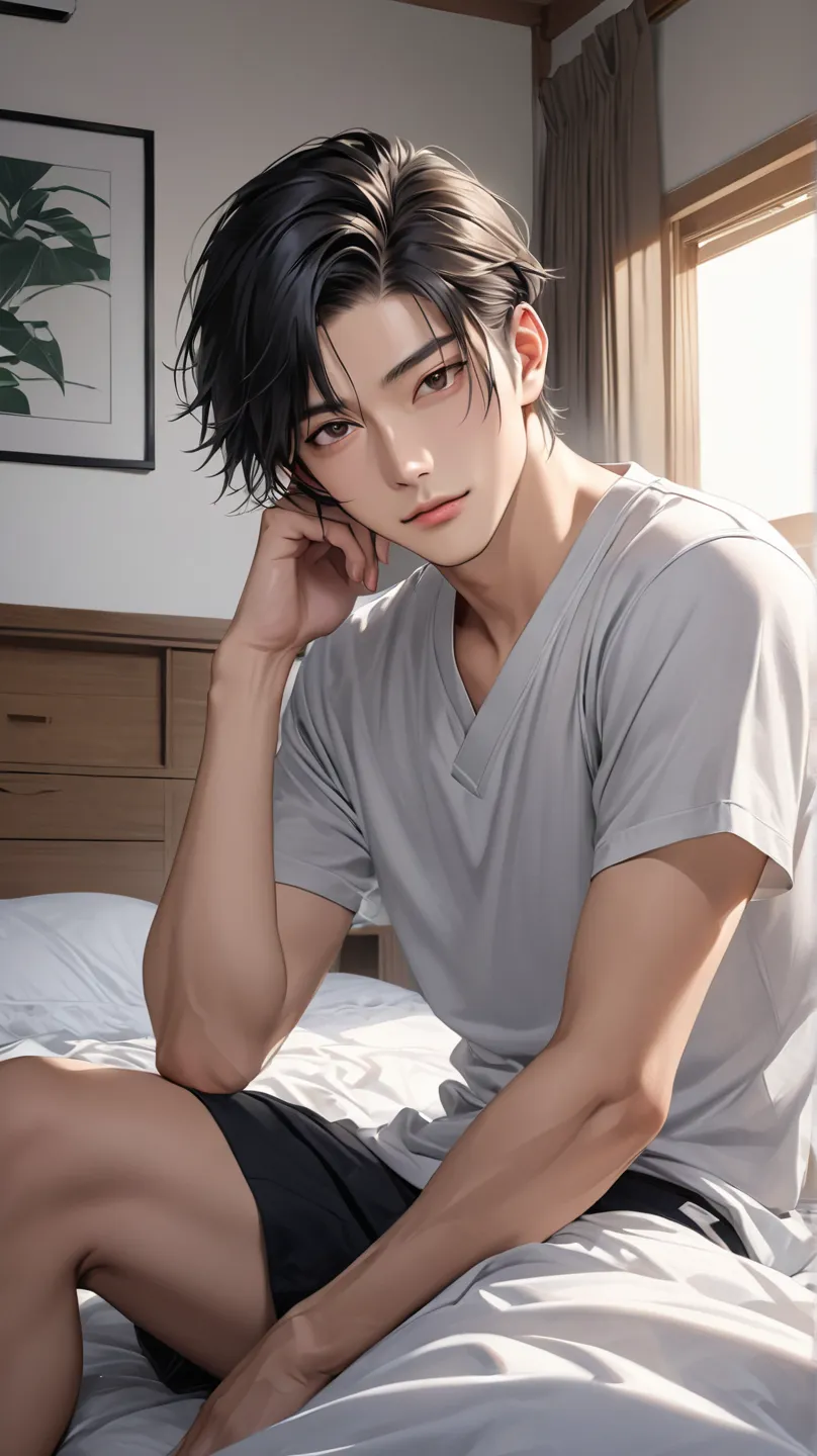 (photorealism:1.2),  very Handsome japanese man, 22-27 year-old, sitting on the bed in his bedroom, look at camera 