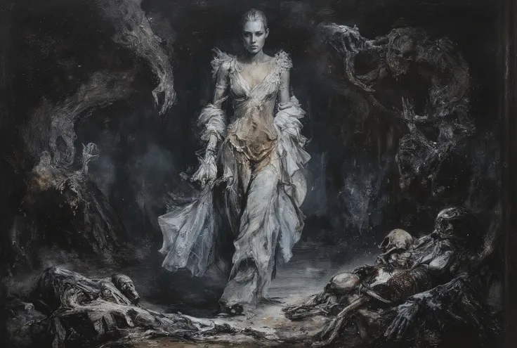 A hellish tableau unfolds on the ravaged battlefield of Armageddon: an alluring demoness saunters amidst the scattered s. Twisted skeletal remains stretch towards the darkened sky like grasping bony fingers. Moonlight cast eerie shadows, plunging the scene...