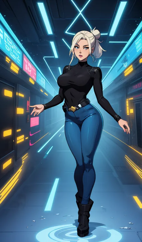 a cartoon girl in a black shirt and blue pants, glamorous angewoman digimon, anya from spy x family, humanoid form, sil from species, female full body, anime vtuber full body model, hybrid human/tank, this character has cryokinesis, as an anime character, ...