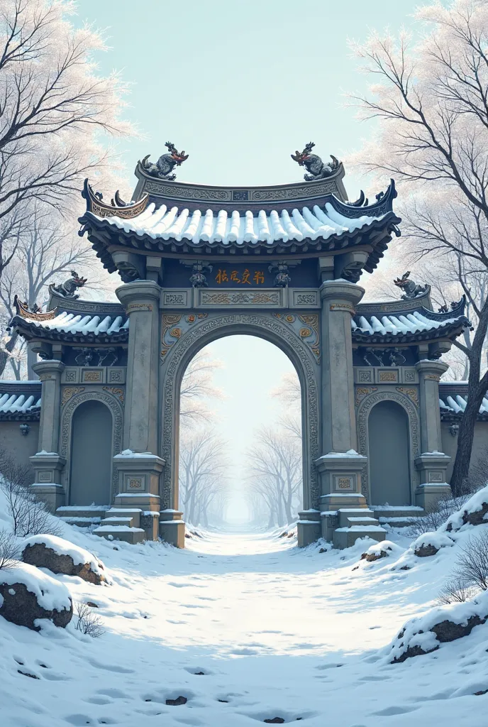 Draw me a webtoon background shot of the front gate of Moolin in China with a winter background