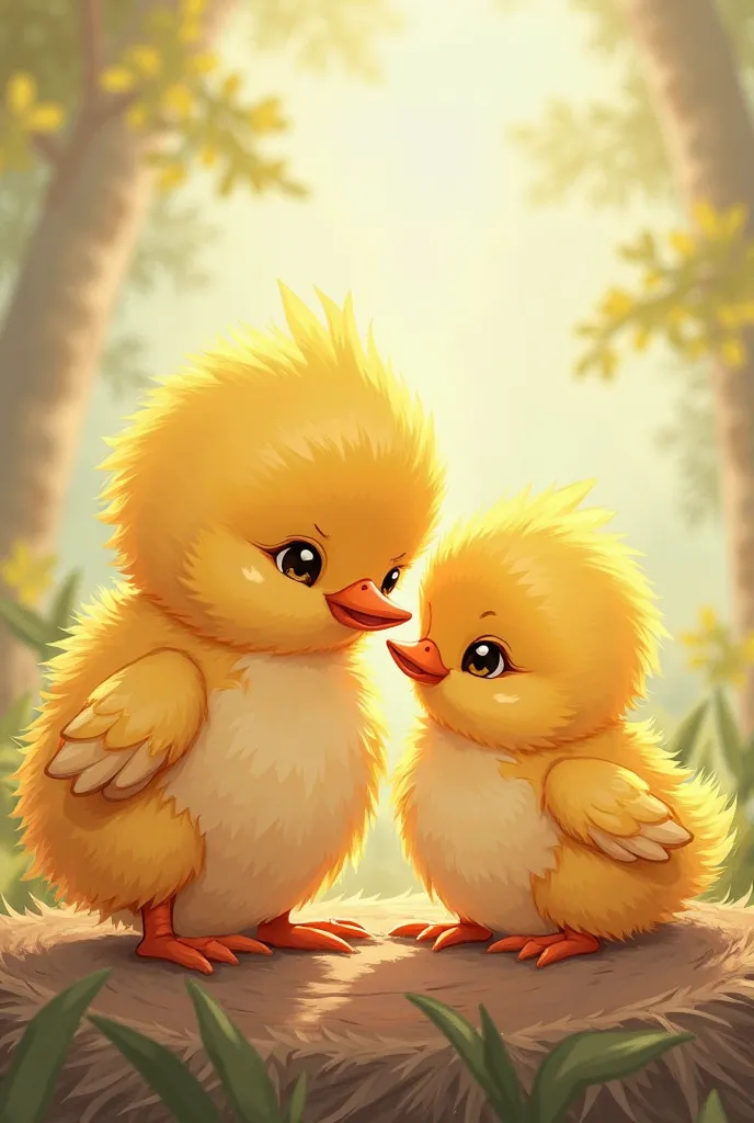 The yellow male chick and female bird Best friend ever and forever 