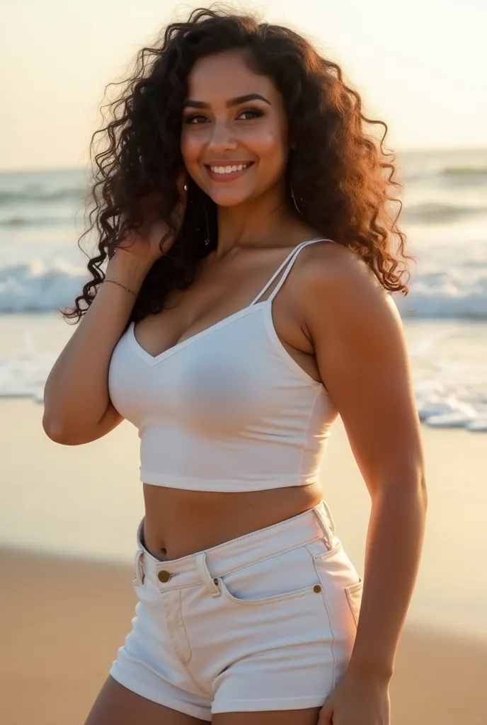 A gorgeous hot 25 year old fair skinned girl from delhi India slightly chubby , modern classy girl, curly hairs girl from India, beautiful eyes and hairs, wearing a white crop sleeveless top and shorts, in a beach in morning, (best quality, canon eos, 8k),