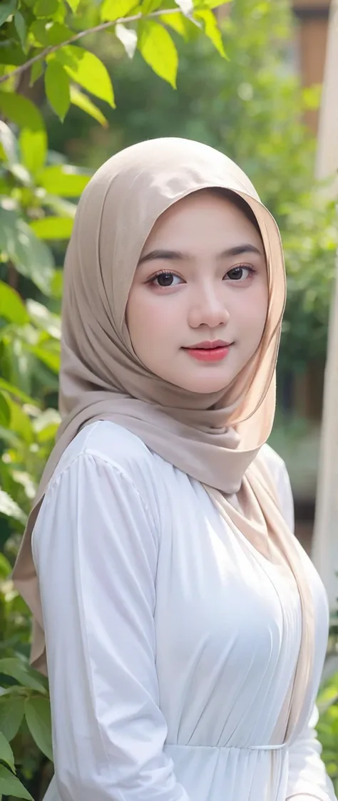 masterpiece, baby face, anak muda cantik berusia 18 tahun, tanpa lengan, belahan dada, white embroidery hijab women portrait, gaun hijab, high quality, detailed facial features, delicate skin, beautiful expression, serene gaze, soft flowing hair, elegant p...