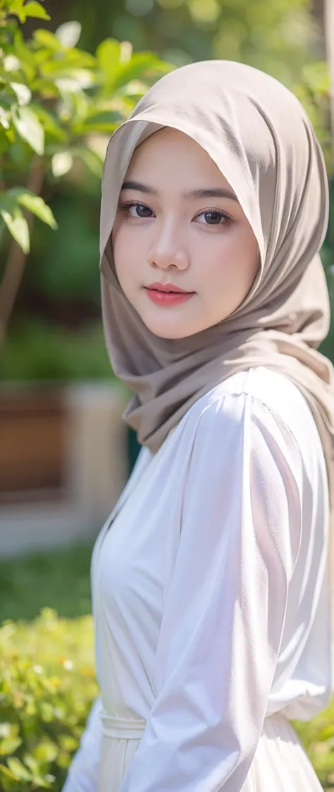 masterpiece, baby face, anak muda cantik berusia 18 tahun, tanpa lengan, belahan dada, white embroidery hijab women portrait, gaun hijab, high quality, detailed facial features, delicate skin, beautiful expression, serene gaze, soft flowing hair, elegant p...