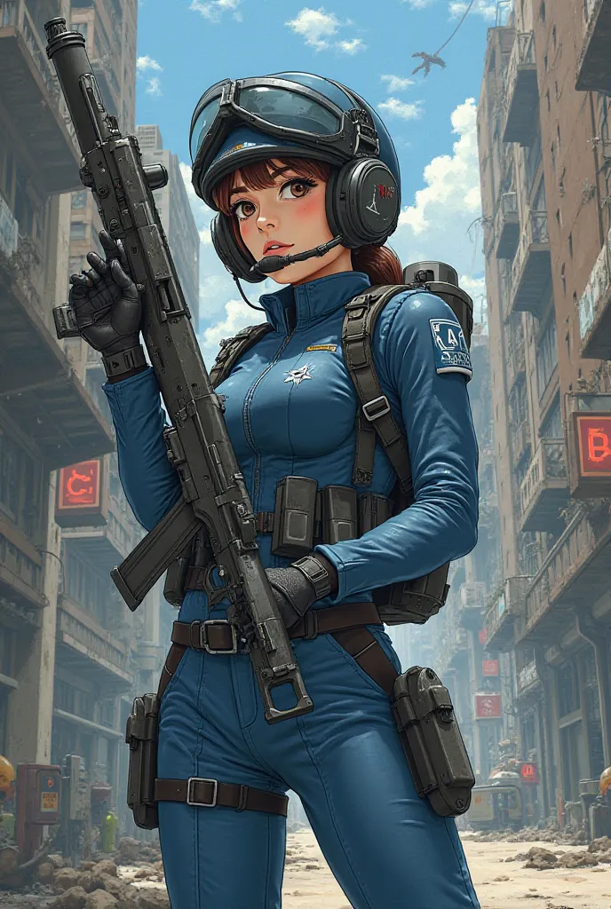 A GOC Soldier Anime Girl Armed with helmet  [From the SCP Wiki] with blue uniform (Anime Style old Anime drawn style)