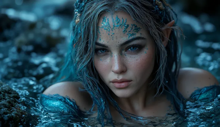 Close up close up very sexy woman, Above a giant building with energy a lot of water inside a giant glass aquarium in the sea blue dark water black blue water surrounding it, black smoke blue water surrounding her, tattoo on arms, Blue energy water around ...