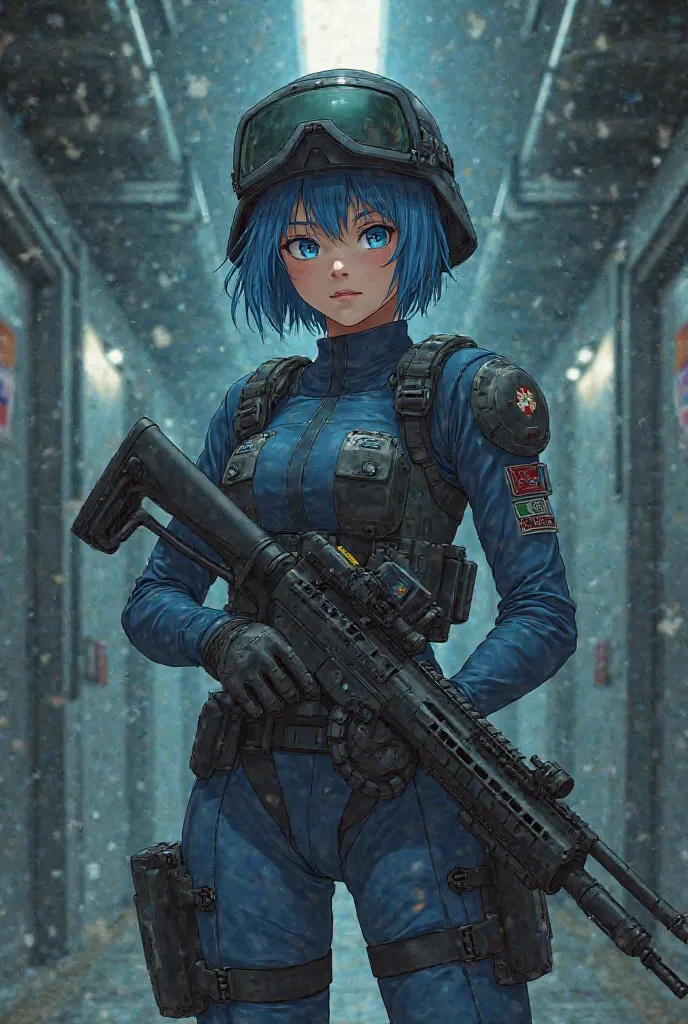 A GOC Soldier Anime Girl Armed with helmet and vest [From the SCP Wiki] with blue uniform (Anime Style old Anime drawn style)