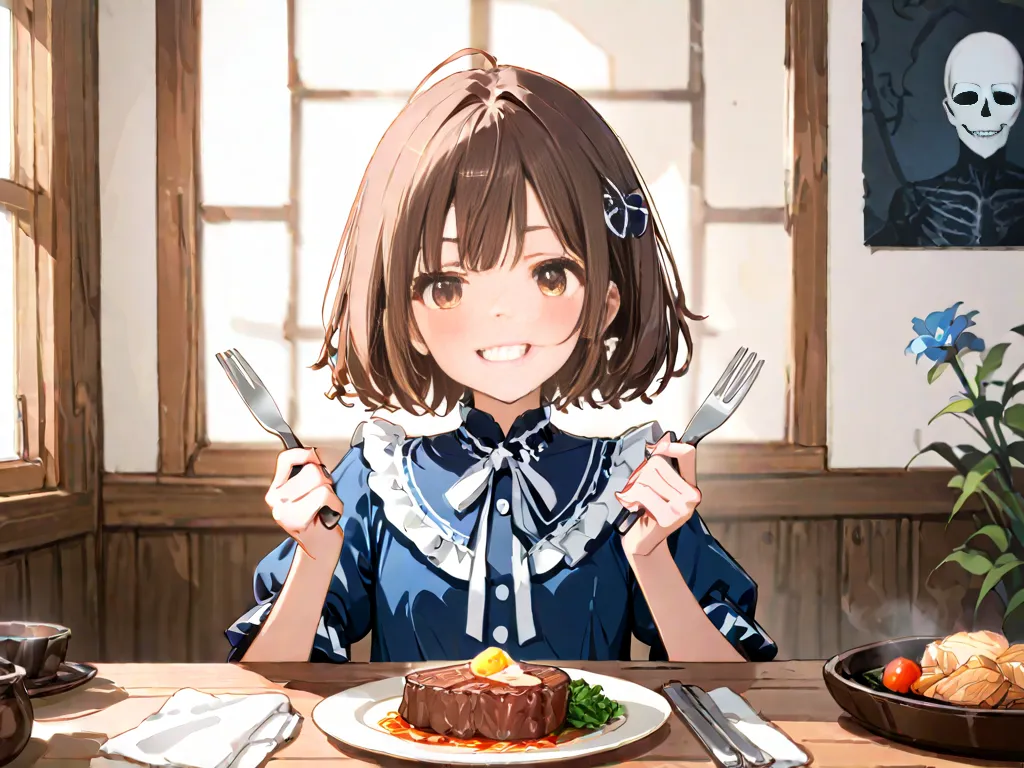 masterpiece, best quality, hyper detailed, insanely detailed, FHD, a girl, glad, looking at viewer, brown hair, fair skin, short, slender, ager, half body photo,Fork and knife in each hand, drooling, eating steak, wearing a napkin,The dining room is decora...