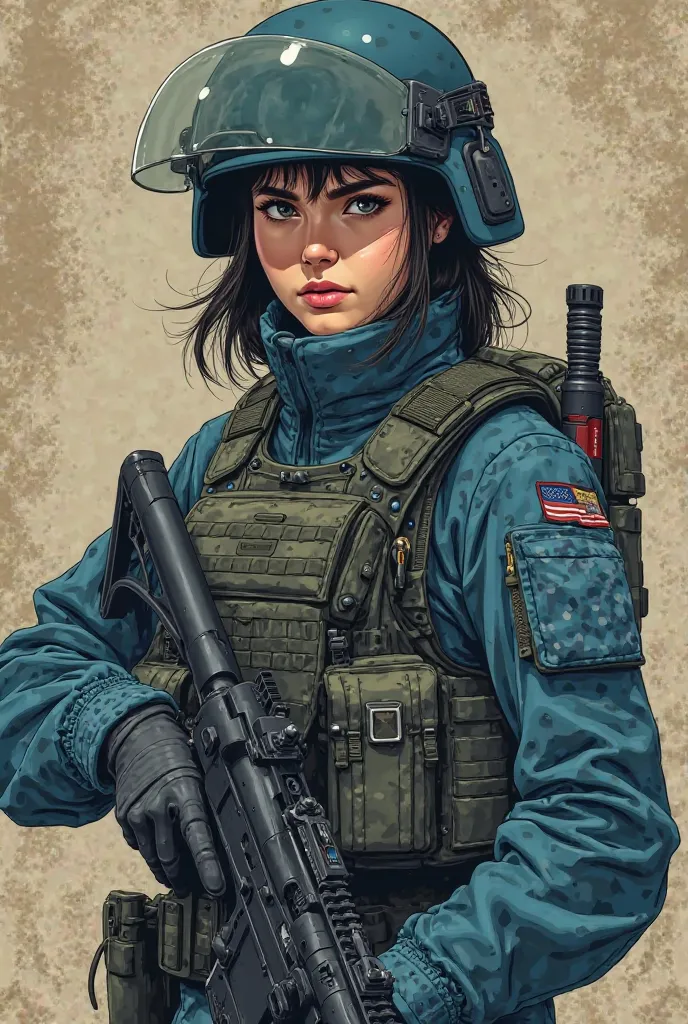 A GOC Soldier Anime Girl Armed with helmet and vest [From the SCP Wiki] with blue camo uniform (Anime Style old Anime drawn style)