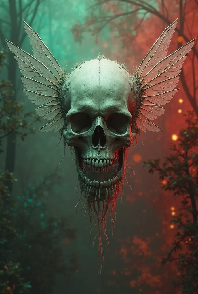 Skull with small wings and red green background