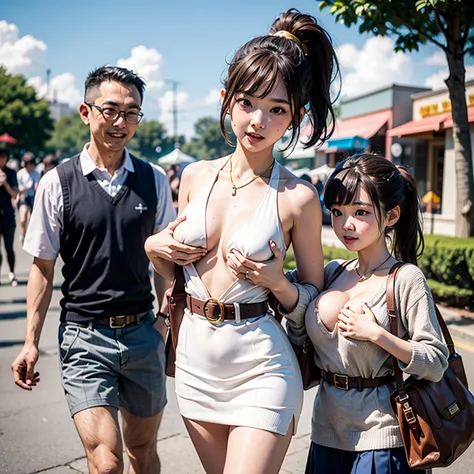 amusement park,2 people:1.4,20 year old Japanese woman、blush:1.7、is embarrassing:1.6、Blush 1.5、 sexy、 (grabbing own breast:1.7)、white knit wear:1.5,(cross-halter-knit:1.8 , blue skirt,gold belt), (Top Quality、In 8K、masterpiece:1.2)、embarrassed:1.6、 perfect...