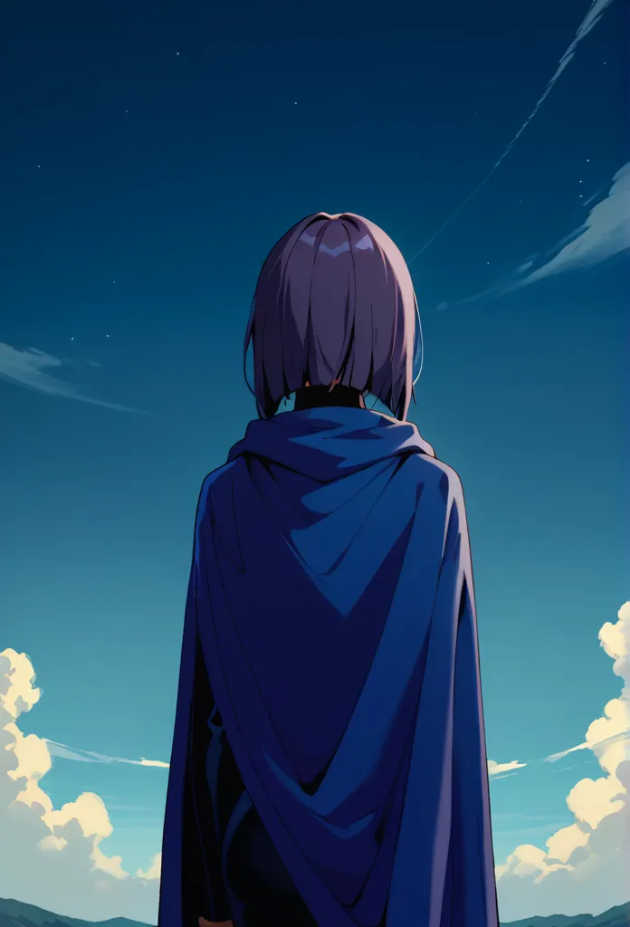 1girl, solo, raven (dc),,blue cape covered whole body, long blue cape, hood covered head, night. from behind, High Resolution, Best Quality, Masterpiece, wind, cartoon style