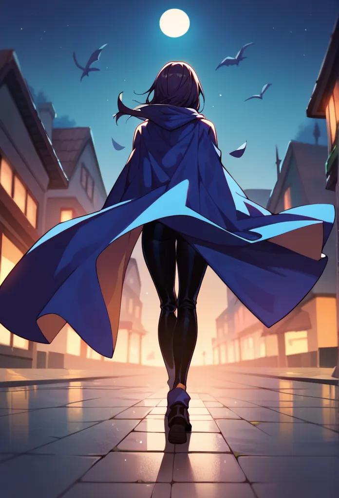 1girl, solo, raven (dc),,blue cape covered whole body, overlong blue cape, hood covered head, night. from behind, High Resolution, Best Quality, Masterpiece, wind, cartoon style