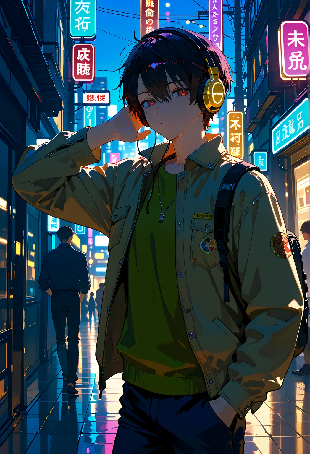 the boy listens to a song on headphones and enjoys it in a neon city from the future