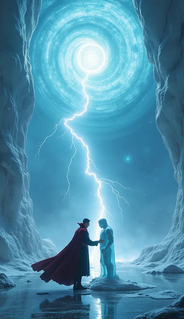 "A hyper-realistic, cinematic scene of Doctor Strange standing face to face with an ice statue of a man, gently touching its frozen surface. The statue is intricately detailed, appearing as if sculpted from pure, enchanted ice, with a faint ethereal glow e...