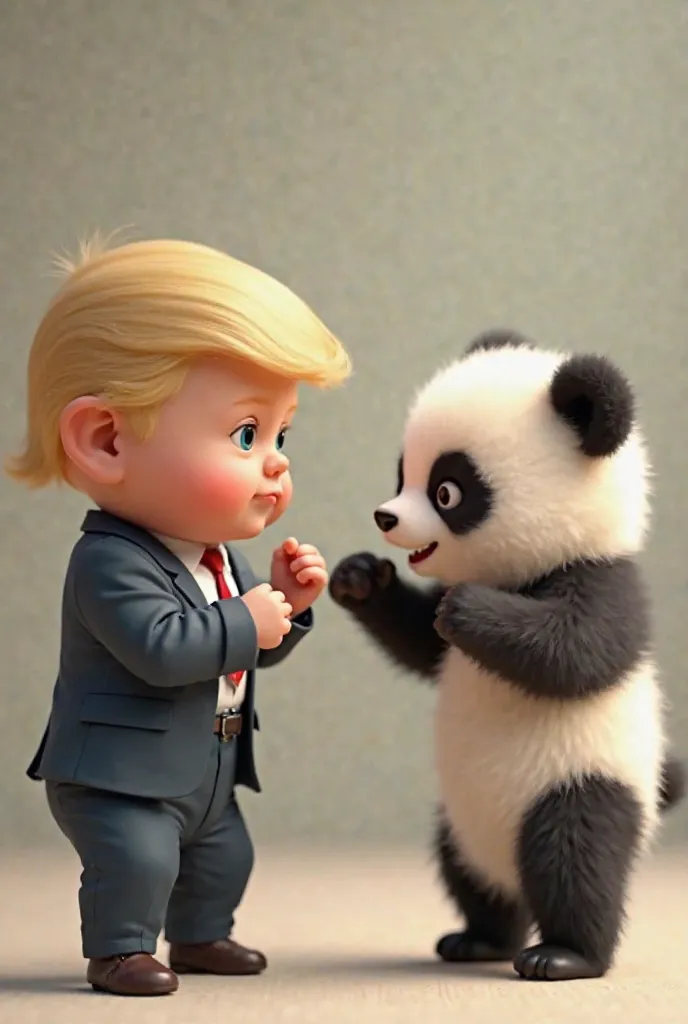 Un vrai bébé Trump mignon face a un bébé panda, en garde prêt pour un combat de boxe 