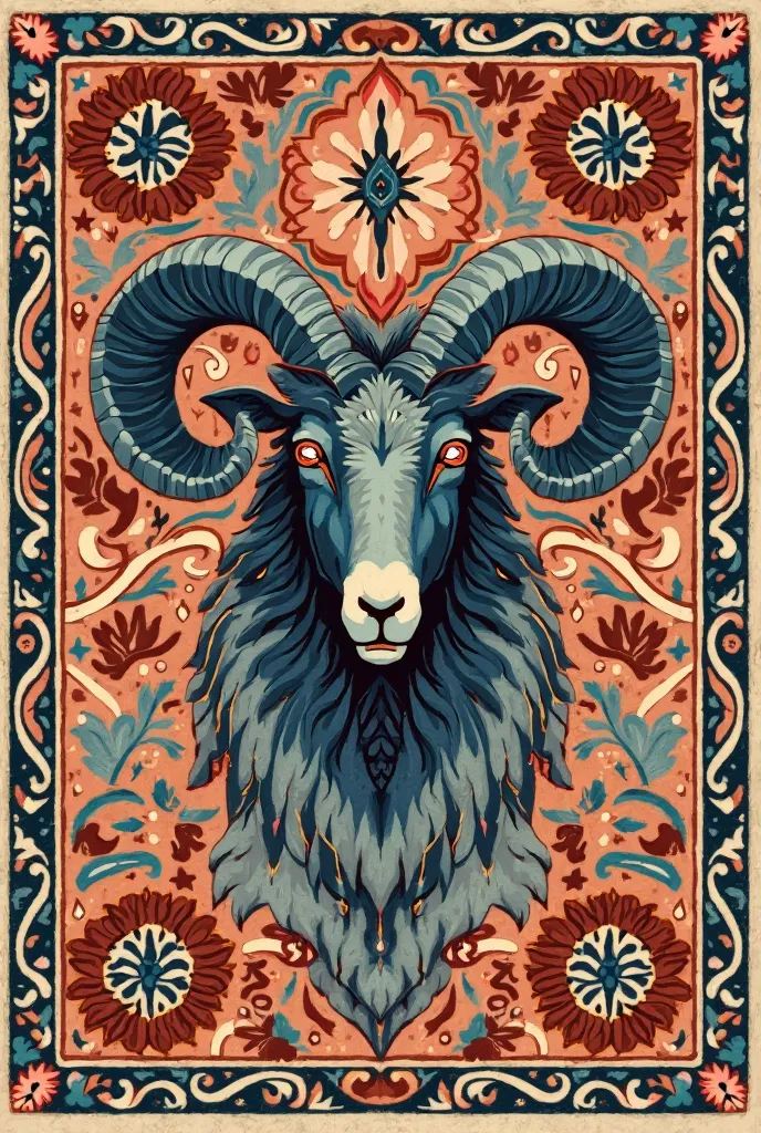 An intricate illustration inspired by traditional Turkish kilim motifs, specifically the 'Koç Boynuzu' (Ram's Horn) symbol. The artwork should depict masculinity, strength, and power through symbolic and metaphorical elements. The design should follow a mi...