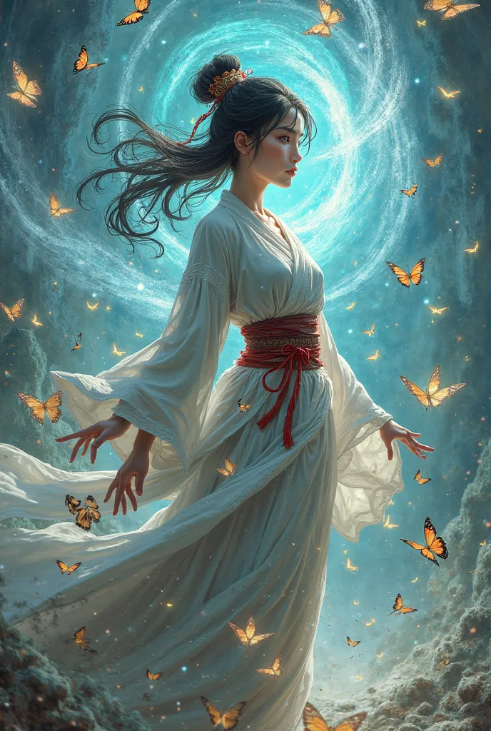 A female Jujutsu sorcerer with a butterfly technique in the jujutsu kaison art style 