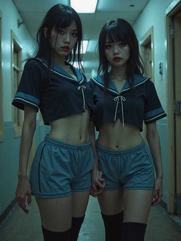 2 girls　　 pants,２Female high school students wearing light blue high-leg racing shorts for both lower bodies　Female high school student brainwashed and controlled by Zeragil　２Do people wear dark blue short-sleeved sailor suits on their upper bodies　２Female...