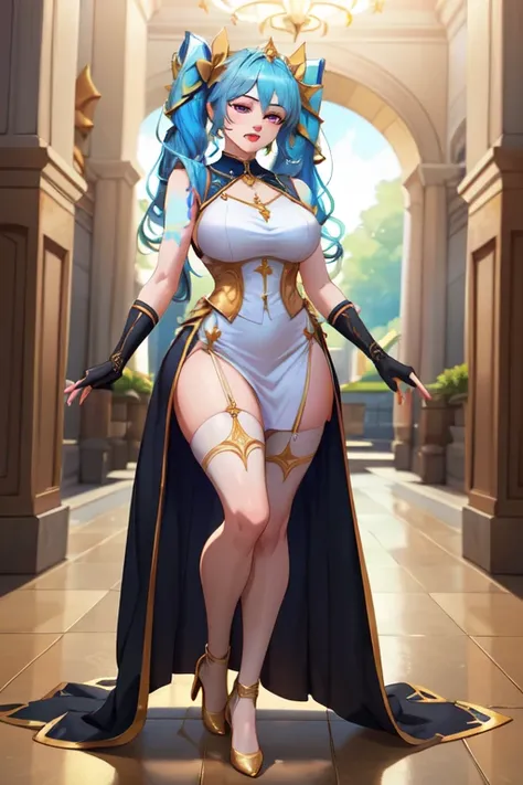 (masterpiece, best quality, absurdres, 4k, aesthetic, detailed, intricate),1girl,nikkecrwn,tiara, tall body, hair ribbon, blue hair, twin hair tails,
Sona from League of Legends,  white sleeveless regal dress with gold trim, black fingerless opera gloves, ...