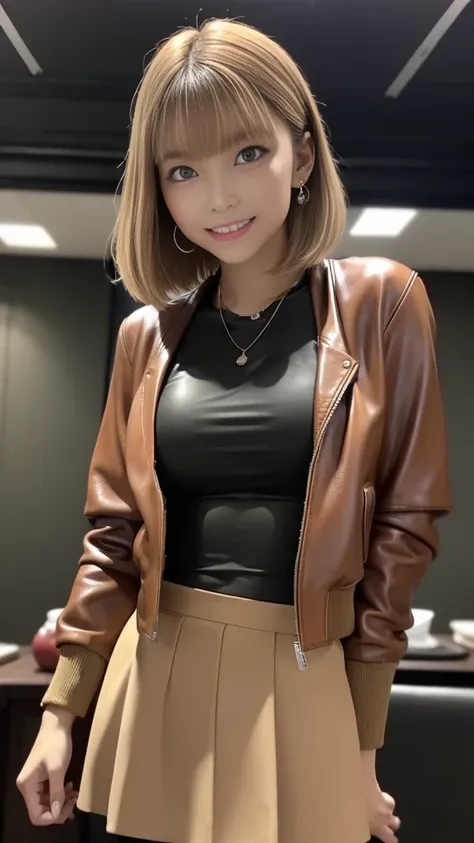 (細身のキャメル色のcropped leather flight jacket、closed jacket:1.3)、((Camel-colored leather flare skirt))、tights、blonde hair、 layer style、short bob hair、smile、 gorgeous earrings、bracelet、turns her gaze、Big Breasts、stands in front of a plain dark colored wall、greate...