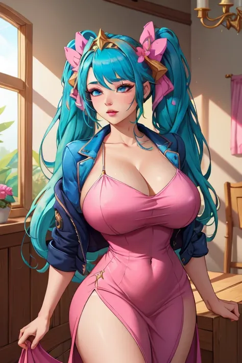 (masterpiece, best quality, absurdres, 4k, aesthetic, detailed, intricate),1girl,nikkecrwn,tiara, tall body, hair ribbon, blue hair, twin hair tails,
Sona from League of Legends,  cropped jacket,hair flowers,long hair,pink dress,hair ribbons







