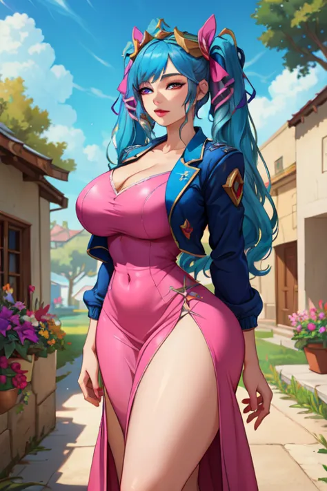 (masterpiece, best quality, absurdres, 4k, aesthetic, detailed, intricate),1girl,nikkecrwn,tiara, tall body, hair ribbon, blue hair, twin hair tails,
Sona from League of Legends,  cropped jacket,hair flowers,long hair,pink dress,hair ribbons







