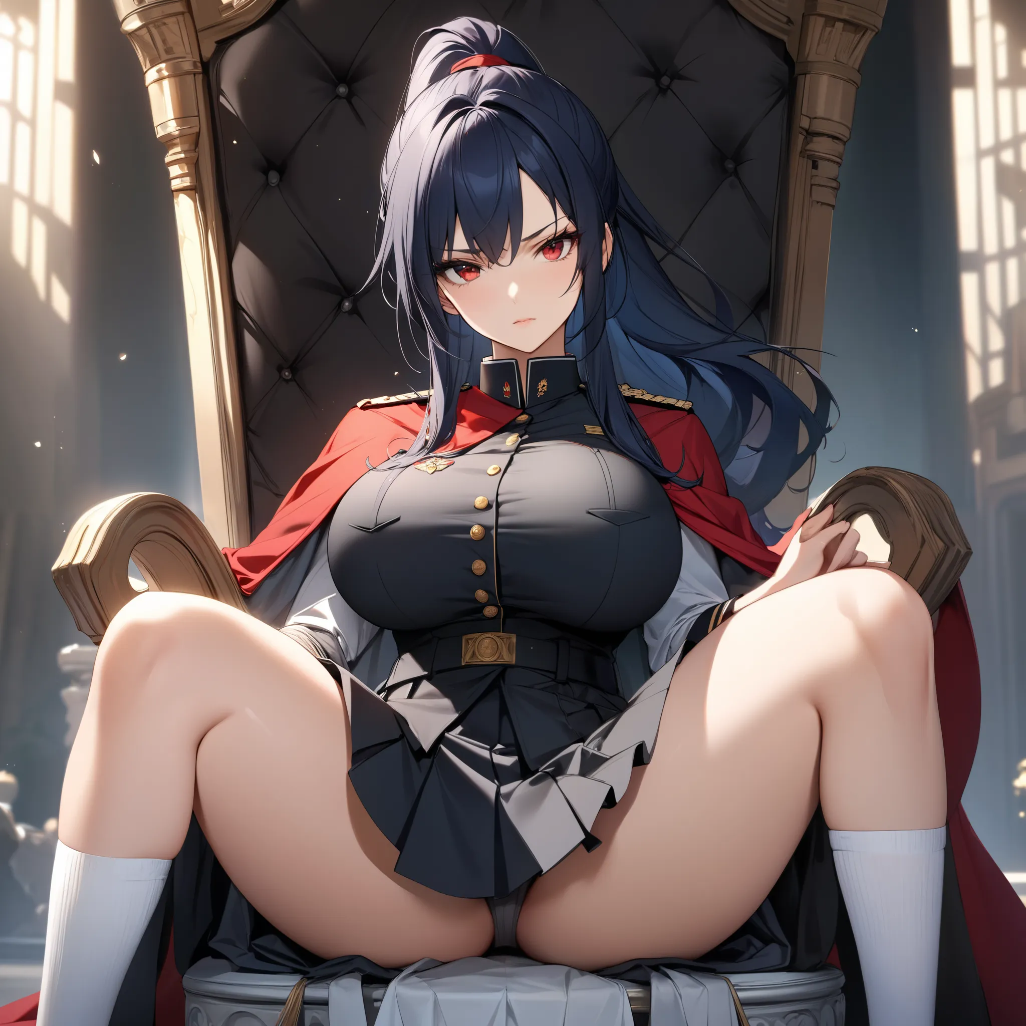 High resolution, high quality, HD, beautiful female, 1 female, beautiful, ager, beautiful girl, mature, young, serious, dark blue hair, long hair, ponytail, red eyes, big breasts, black military uniform with cape and skirt, knee high socks, spread legs, M ...