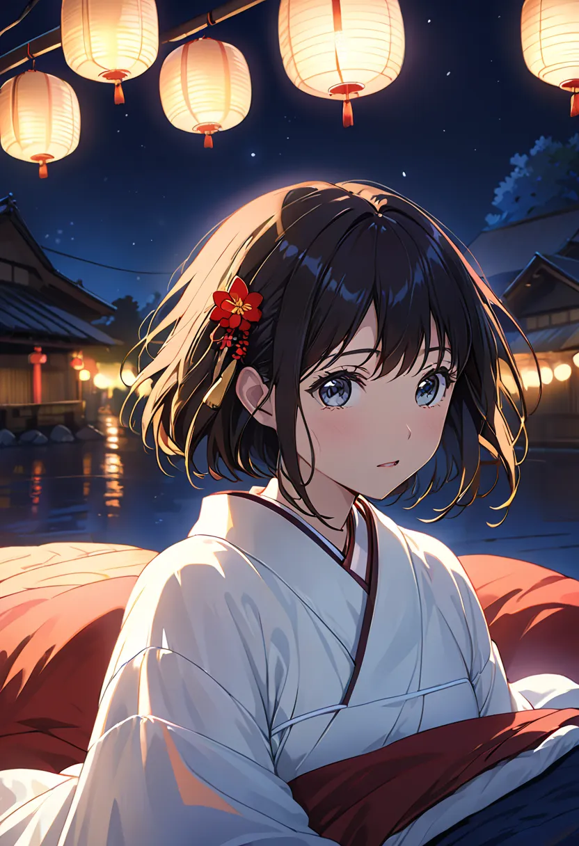 masterpiece, High Resolution,  ofイラスト ,  Kyoto animation style, あなたof名前は映画ofようだ,  night , mid night , Gentle Light, Seductive Light, (1 female: 1.3), (Alone: 1.4), long eyelashes, short bob, nose_, open_mouth, futon,  nudes,  nudes,  towel, Kirarhythm, dyn...