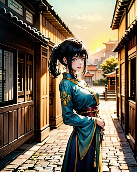 a black-haired woman with a ponytail, a pretty face, wearing an ancient Chinese village girl's costume, standing in a picturesque rural Chinese village, with traditional architecture, cobblestone streets, lush greenery, and a warm, golden sunset lighting, ...