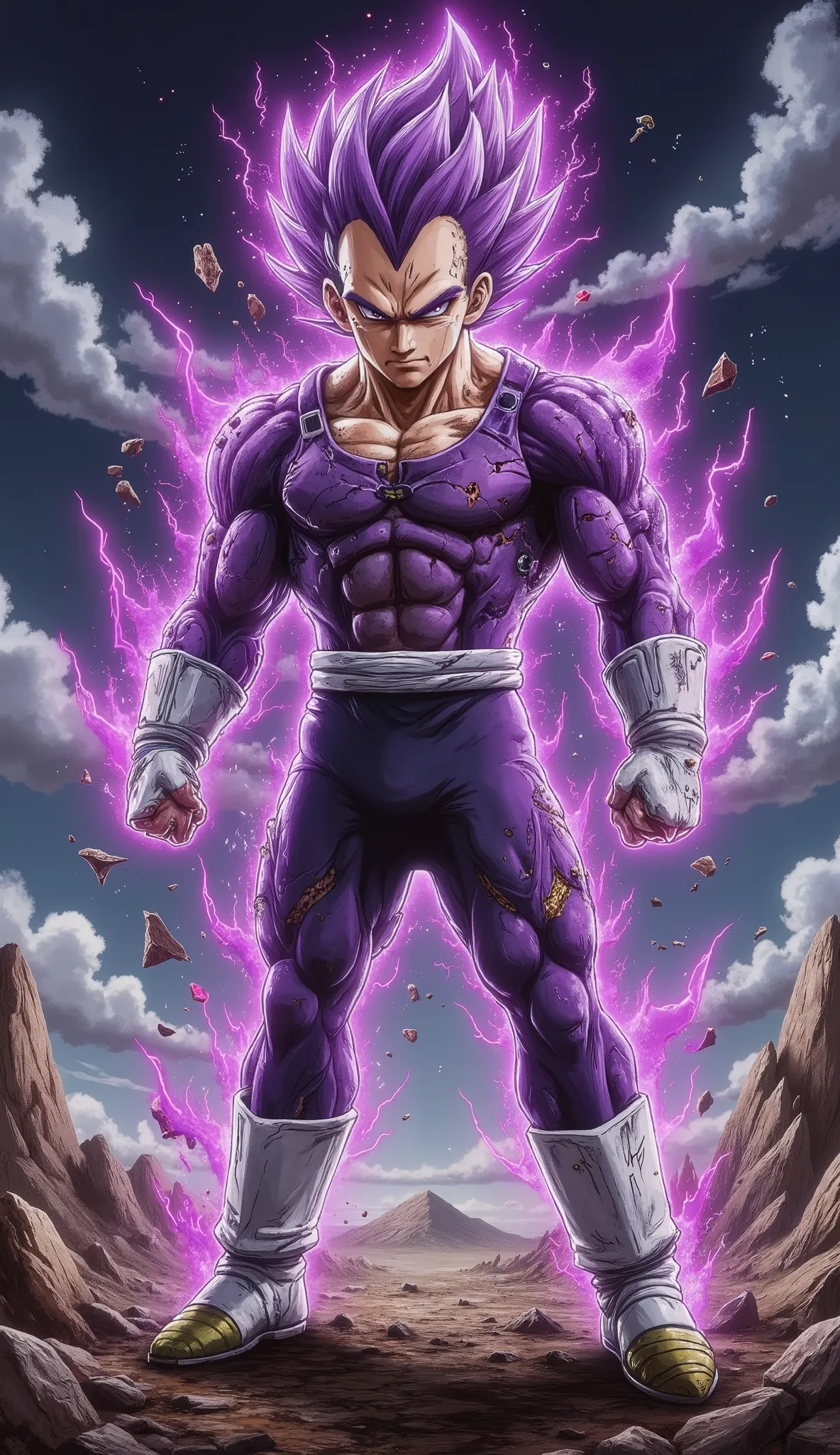 "A powerful Saiyan warrior stands in a dominant and imposing stance on a devastated, rocky battlefield under a dark, stormy sky filled with swirling clouds and crackling lightning. His muscular physique is accentuated by battle-worn Saiyan armor, with a to...