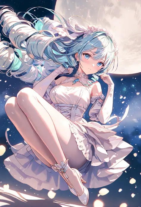 1 girle, Age 15, long hair, drill hair, Mint Cream Hair, Light Blue Eyes, full body, pink gothic clothing, High Heels, Relaxing night sky, Full moon background, Anime, Masterpiece, UHD, retina, masterpiece, accurate, anatomically correct, textured skin, su...