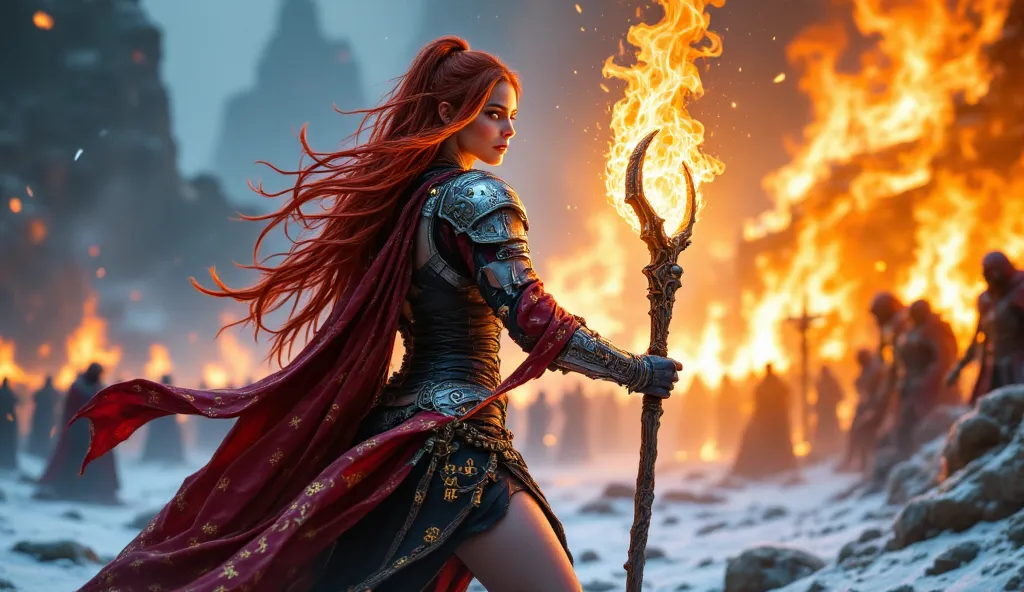 "A powerful and sexy female fire mage of the Flame Priests, standing in the middle of a snow-covered battlefield. She wears a sleek black and red armor adorned with glowing orange runes, emphasizing her curves. Her long red hair flows in the wind, and her ...