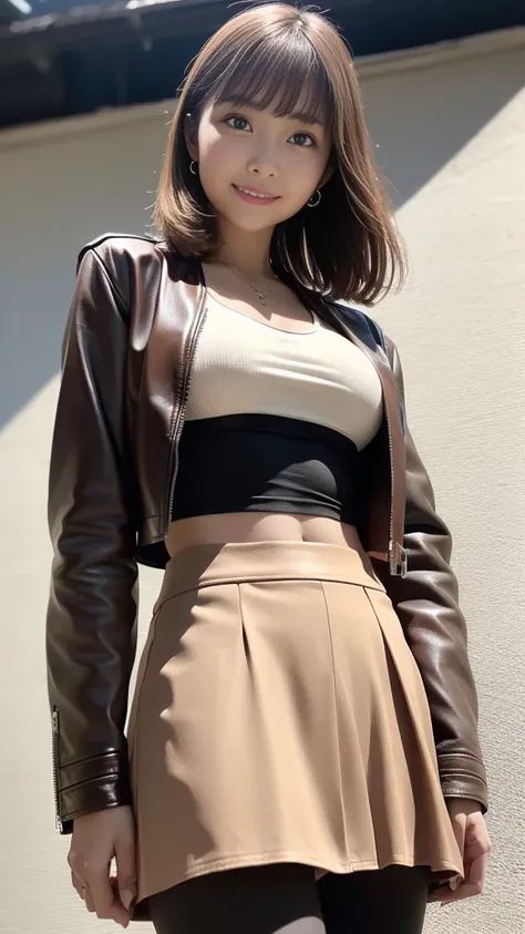 (細身のキャメル色のcropped leather jacket:1.1、closed jacket:1.4)、((Camel-colored leather flare skirt))、tights、blonde hair、 layer style、short bob hair、smile、 gorgeous earrings、bracelet、turns her gaze、Big Breasts、stand in front of a plain dark colored wall、greatest m...