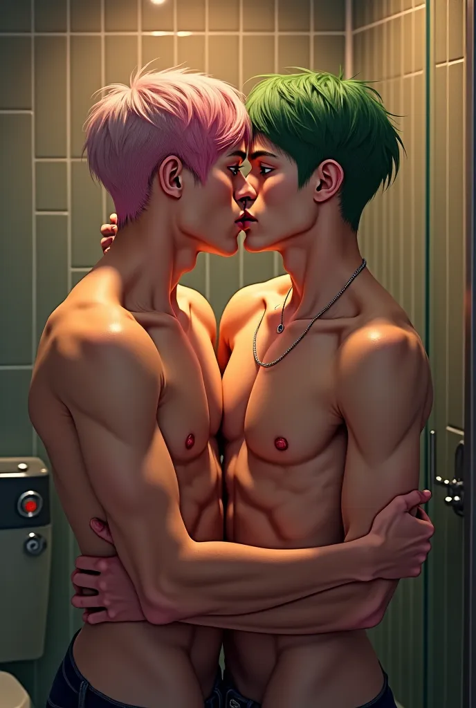 Pink-haired gray-haired man with orange eyes kissing green-haired man with blue eyes in the bathroom