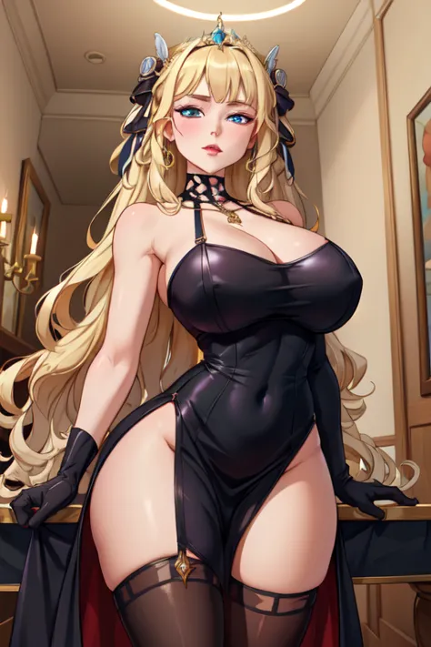 (masterpiece, best quality, absurdres, 4k, aesthetic, detailed, intricate),1girl,nikkecrwn,tiara, hair ribbon, long blonde drill hair, drill locks,  elegant Victorian-inspired outfit, black dress, black thighhighs, black gloves,
















