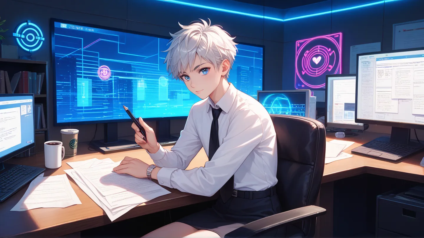 an anime-style illustration of a young man with silver short hair and blue eyes, wearing a white shirt and black tie, sitting at a desk in an office, holding a pen and writing on documents, with stacks of papers, a computer, and a coffee cup on the desk, n...