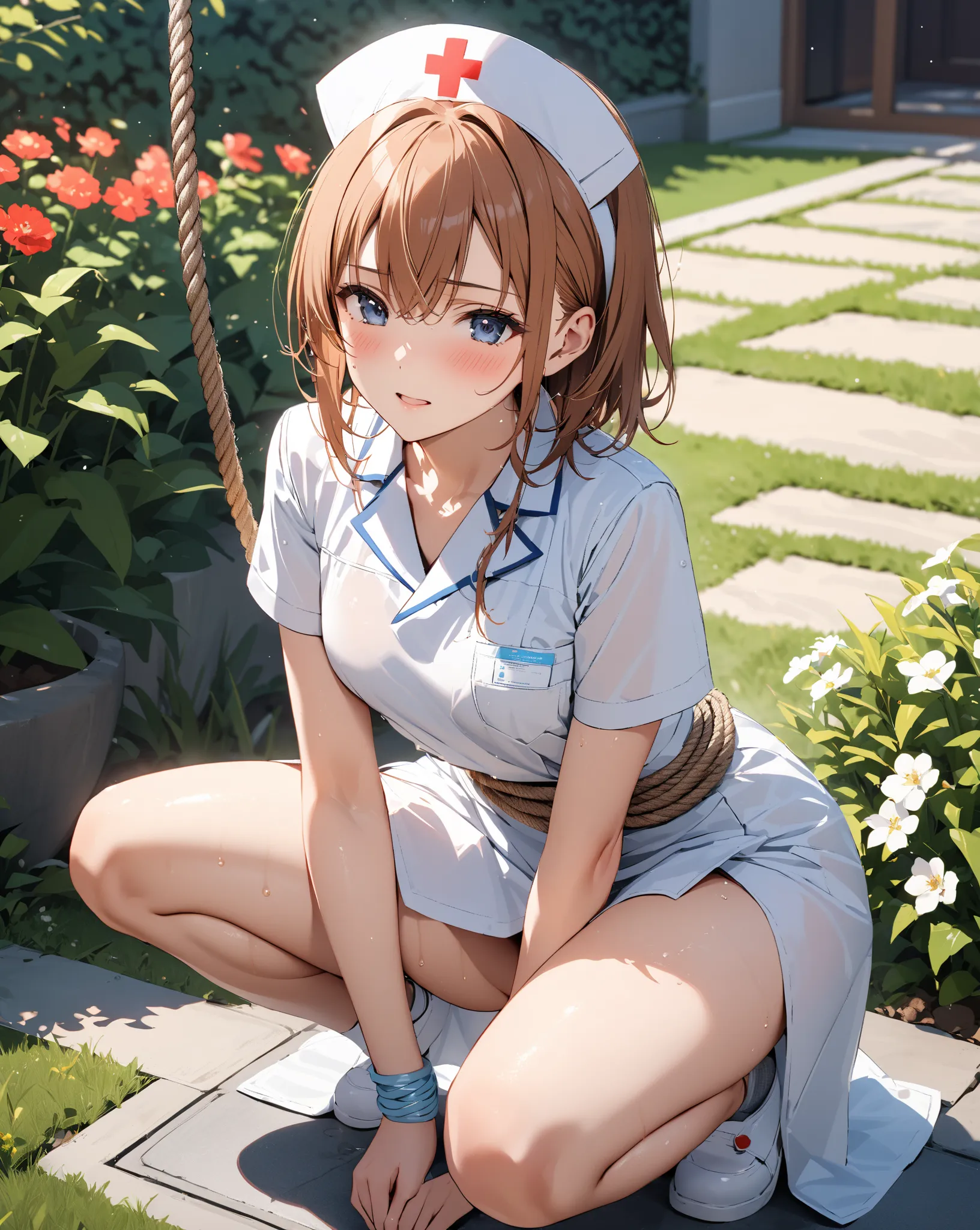 peeing:1.5, wet body:1.5,  restrained with a rope :1.5, ropes get entangled:1.5, opens her legs,  squat, blush, ahe face,  Nurse, garden, Small breasts, (Misaka Mikoto), Married Woman, masterpiece, highest quality, UHD, retina, masterpiece, accurate anatom...