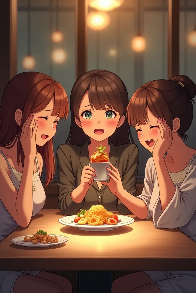 Picture 3 women and 1 man sitting at a restaurant table with a plate of yellowtail on it, and 3 women are moved and crying because of a surprise gift from a, man