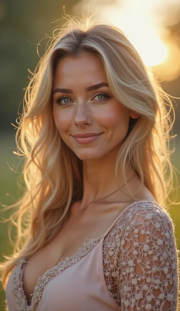 Ultra-realistic portrait of a 24-year-old blonde European woman with long, slightly wavy golden-blonde hair. She has deep blue eyes, fair skin with natural imperfections like soft freckles and a gentle rosy glow. Her facial features are delicate yet expres...