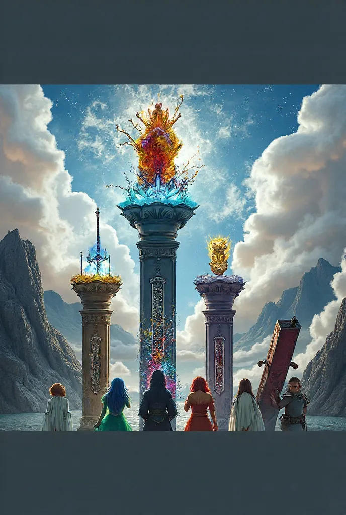 "epic and mystical group illustration of the Five Pillars in an elemental landscape with a turbulent ocean, sacred mountains and sky in transition.  

- **Nerea Thalassyn (pillar of the sea):** ethereal goddess with long blue hair, dressed in marine attire...