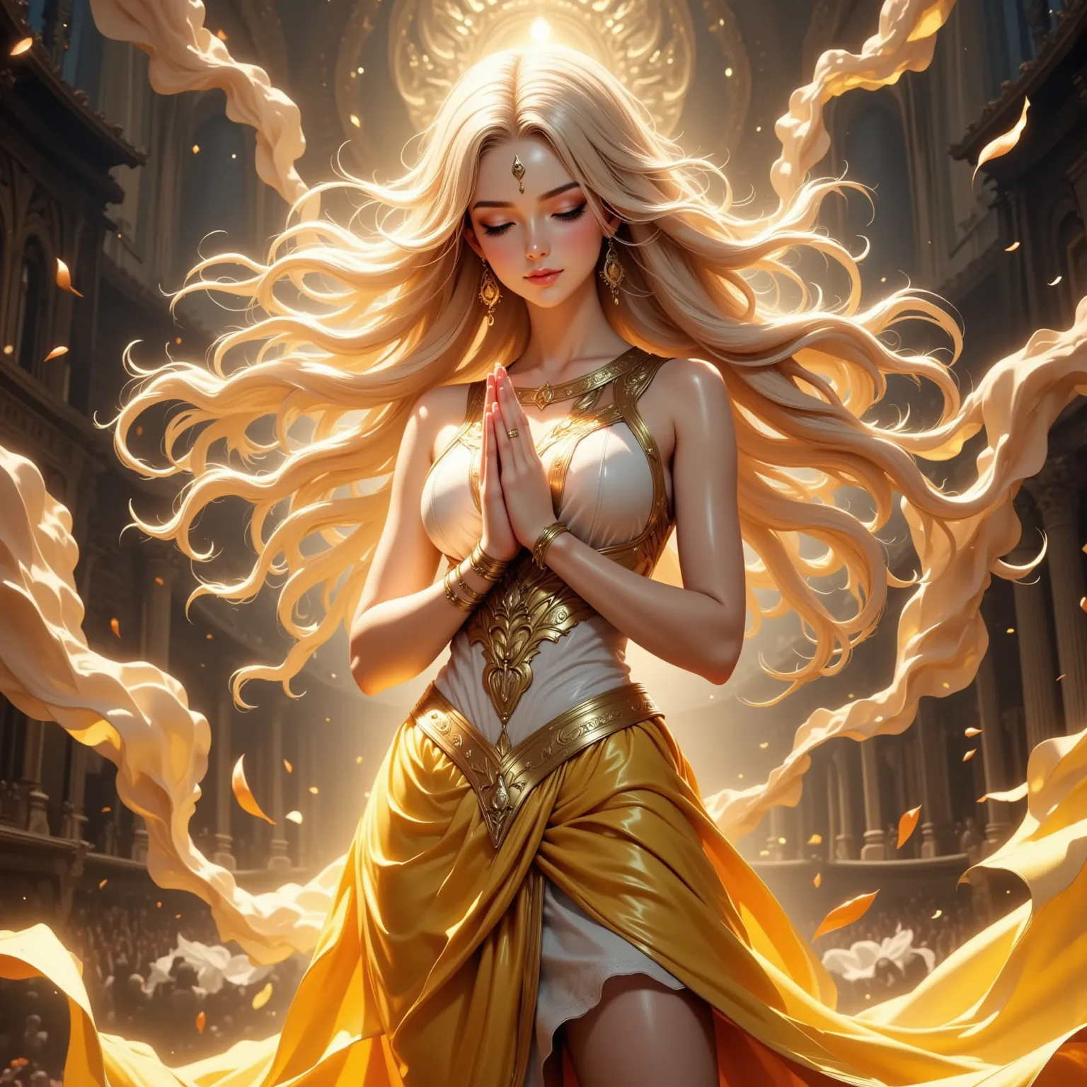 , the beautiful golden goddess is standing praying with her hands together, The standing goddess is very beautiful, It has an unrivaled beauty, I'm moved to see them praying with all their heart, 초ultra high definition, 8k, ultra high definition, Full body...