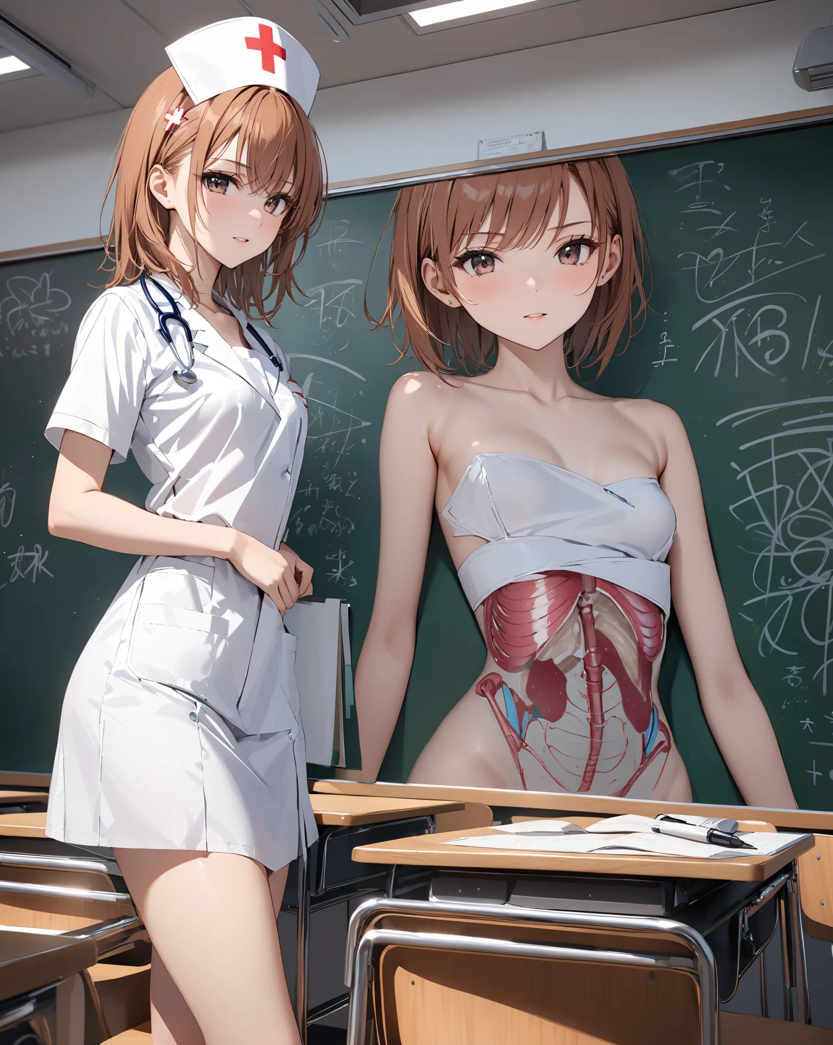 graffiti drawn on blackboard,  Nurse, Small breasts, classroom, Small breasts, (Misaka Mikoto), masterpiece, highest quality, UHD, retina, masterpiece, accurate anatomy, super detailed, high quality, best quality, 8k