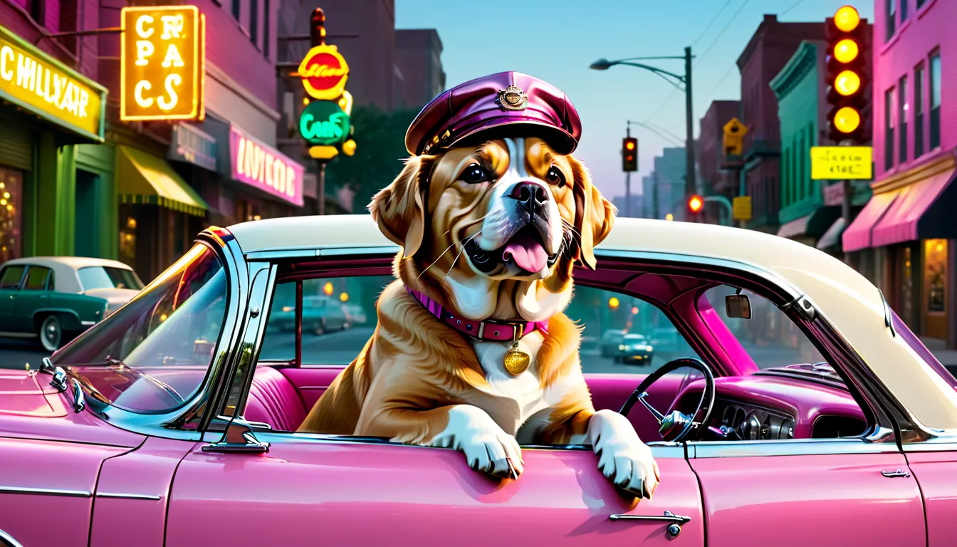 A stylish dog, possibly a golden retriever or bulldog, sits confidently in the driver’s seat of a vintage pink Cadillac at a traffic light. The shot is taken from a side view, capturing most of the car's sleek, shiny body with chrome details and white-wall...