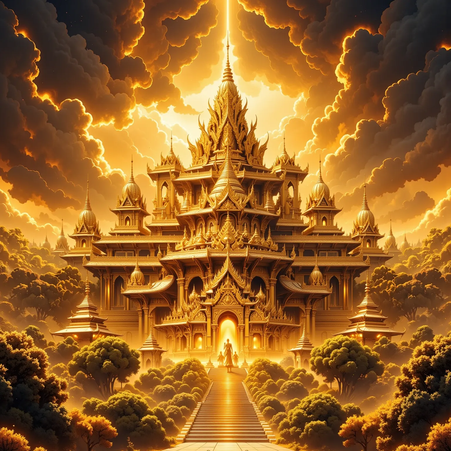 Draw a temple full of gold, The entire temple is shining in gold in ultra-high definition, The city is an ancient city, The old temple was golden, ultra high definition, 8k image, More light yellow and golden, Golden temple, It's a temple praying for salva...